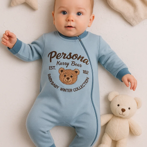 3-12 Ay Erkek Bebek Tulum Persona Bear Nakışlı Mavi