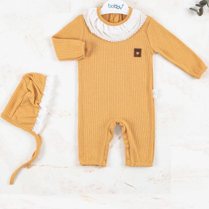 3-12 Ay Kız Bebek Tulumu Brode Nakışlı Şapkalı Hardal