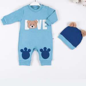 3-9 Ay Erkek Bebek Tulumu Love Bear Nakışlı Mavi