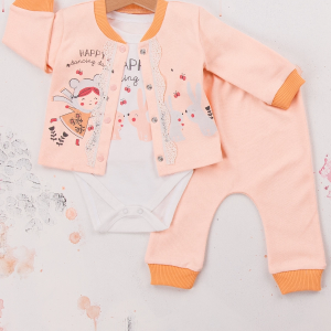 3-9 Ay Kız Bebek Takımı Happy Dancing 3'lü Hırkalı Somon