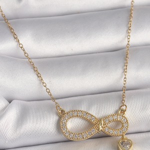 316L Çelik Gold Renk Zincir Zirkon Taşlı Sonsuzluk Model Sallantı Taşlı Kalp Detay Kadın Kolye