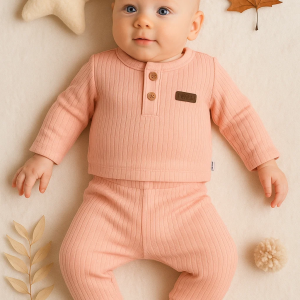 3-18 Ay Çizgili Kumaş 2'li Unisex Takımı Pembe