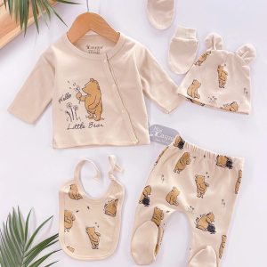 Hello Little Bear Baskılı 5 Parça %100 Pamuk Erkek Bebek Hastane Çıkışı