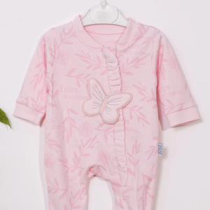 3-9 Ay Kız Bebek Tulumu Kelebek Nakışlı Ayaklı Pembe