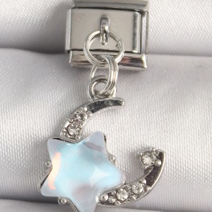 316L Çelik Gümüş Renk Zirkon Taşlı Mavi Mineli Yıldız Model Nomination Charm