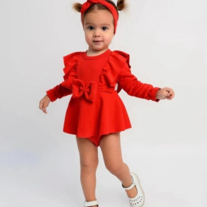 3-12 Ay Fiyonklu Kız Bebek Romper Kırmızı