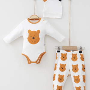 3-9 Ay Erkek Bebek Alt&Üst Takımı Ayıcık Şapkalı Sarı