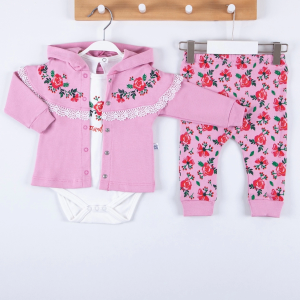3-12 Ay Flover Nakışlı Hırkalı 3'lü Kız Bebek Takımı Pembe