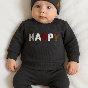 3-18 Ay Erkek Bebek Takımı Happy Nakışlı 2'li Siyah