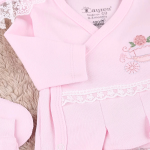 Çiçekli Araba Nakışlı Dantelli 5'li Kız Bebek Hastane Çıkışı 0-3 Ay Pembe