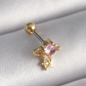 316L Çelik Gold Renk Pembe Zirkon Taşlı Sallantı Yıldız Detay Tragus Piercing