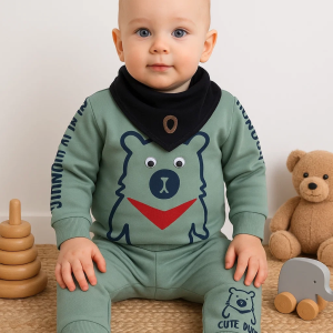 3-18 Ay Erkek Bebek Takımı Oynar Gözlü Fularlı 3'lü Yeşil