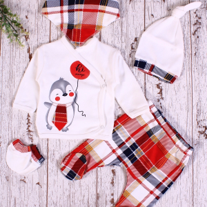 Yeni Doğan Ekose Penguen Fularlı 5'li Erkek Bebek Takımı Kırmızı