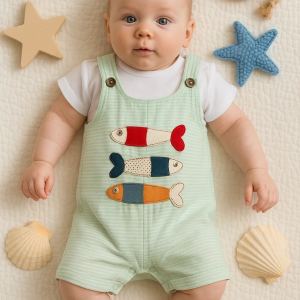 3-18 Ay Erkek Bebek Tulumu Balık Nakışlı Kısa Kollu Yeşil