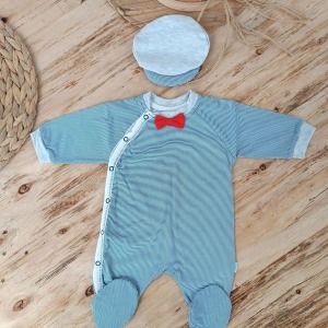 0-3 3-6 Ay Papyonlu Çizgi Desen Çıtçıt Kapama Kasketli Erkek Bebek Tulumu