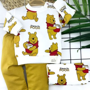 9-12-18-24 Ay Pooh Baskılı Yaka Çıtçıtlı Uzun Kollu Sweatli 2li Kız Erkek Bebek Takımı