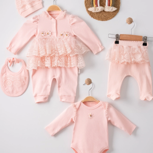 Dantel İşlemeli 5'li Kız Bebek Takımı Somon