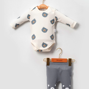 3-18 Ay Erkek Bebek Takımı Kulaklı Ayıcık 3'lü Gri