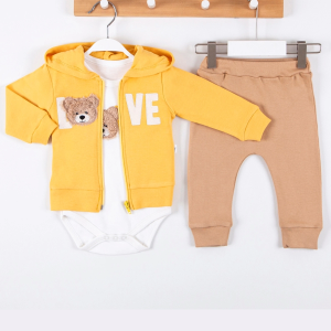3-12 Ay Erkek Bebek Takımı Love Bear Nakış Hırkalı 3'lü Sarı