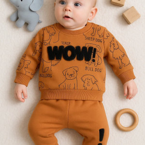 3-18 Ay Erkek Bebek Takımı Wow Nakışlı 2'li Turuncu