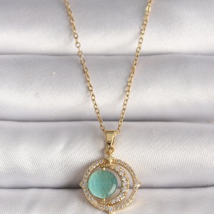 316L Çelik Gold Renk Zirkon Taşlı Yeşil Sedefli Hilal Model Kadın Kolye