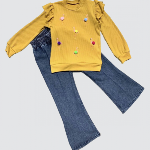 4-5-6 Yaş Kot Pantolonlu Flamingo Desenli Penye Sweat Uzun Kollu 2li Kız Çocuk Takımı
