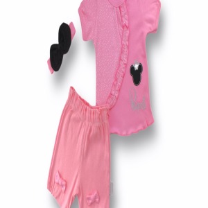 3-6 6-9 9-12 12-18 Ay Princess Taçlı Mickey Nakışlı Şort Tişört 3lü Kız Bebek Takımı