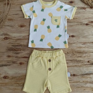 3-6 6-9 9-12 Ay Ananas Baskılı Şort Tişört 2 Li Kız Erkek Bebek Takımı