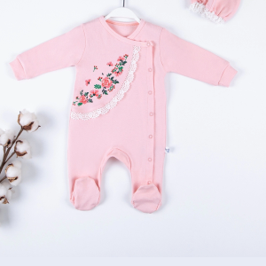 3-9 Ay Kız Bebek Tulumu Çiçek Nakışlı Şapkalı Somon