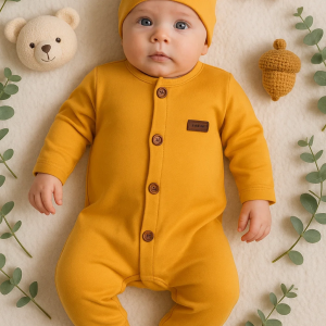 3-12 Ay Düğmeli Önden Açık İnterlok Tulum Hardal