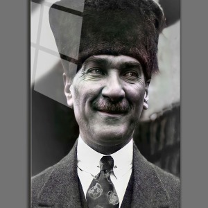 ATATÜRK ŞAPKALI PORTRE CAM TABLO - OFİS DEKORASYON - 4 MM KIRILMAZ TEMPERLİ DUVAR TABLOSU - EV DEKOR