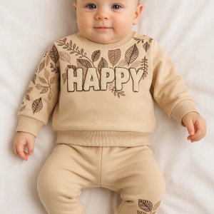 3-18 Ay Erkek Bebek Takımı Happy Yaprak 2'li Krem