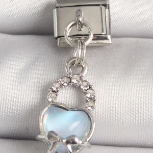 316L Çelik Gümüş Renk Zirkon Taşlı Mavi Kilit Kalp Model Nomination Charm