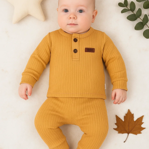 3-18 Ay Çizgili Kumaş 2'li Unisex Takımı Hardal