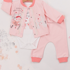 3-9 Ay Kız Bebek Takımı Happy Dancing 3'lü Hırkalı Nar Çiçeği