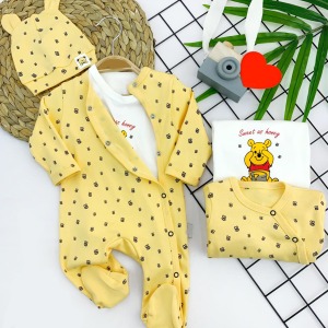 3-6-9-12 Ay Pooh Desenli Şapkalı Sweatli 3lü Kız Erkek Bebek Tulum