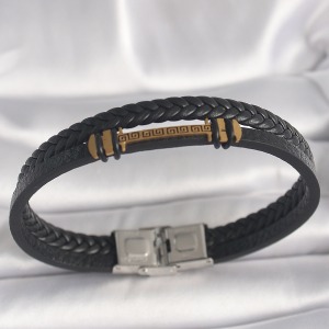 316L Çelik Gold Renk ZikZak İşlemeli Aksesuarlı Çift Sıra Burgu Desenli Deri Kordon Erkek Bileklik