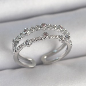 Pirinç Gümüş Renk 2'Li Zirkon Taşlı Ayarlanabilir Model Kadın Yüzük