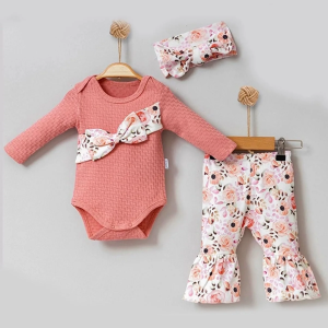 3-12 Ay Kız Bebek Takımı Çiçek Fiyonklu 3'lü Gül Kurusu
