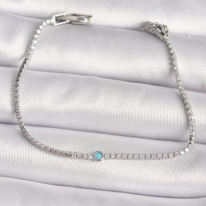 Pirinç Gümüş Renk Su Yolu Zirkon Taşlı Mavi Taşlı Kadın Bileklik