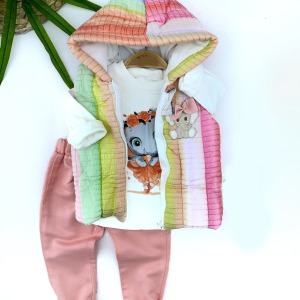 9-12-18-24 Ay Kapşonlu Fermuarlı Gökkuşağı Şişme Yelek Sweat Pantolonlu 3lü Kız Erkek Bebek Takımı