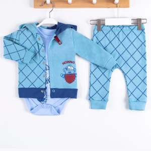 3-12 Ay Erkek Bebek Takımı Cep Kapişonlu Hırkalı 3'lü Mavi