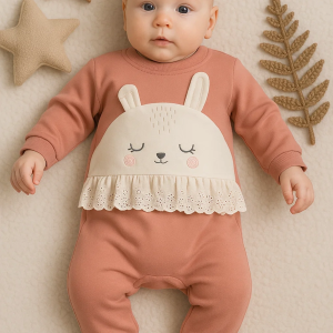 3-12 Ay Kız Bebek Tulum Tavşan Nakışlı Güpürlü Pembe