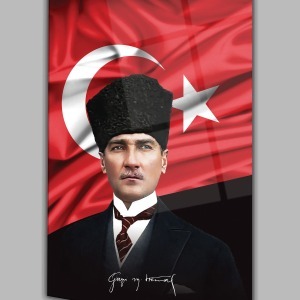 Atatürk Portre ve Türk Bayrağı Dikey Cam Tablo, Modern Duvar Dekoru , Kurum Ofis İş Hediyelik Tablo