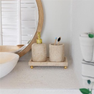 Akayev Mermer Traverten 3 Parça Gold Ayak Banyo Seti Mutfak Sıvı Sabunluk Seti