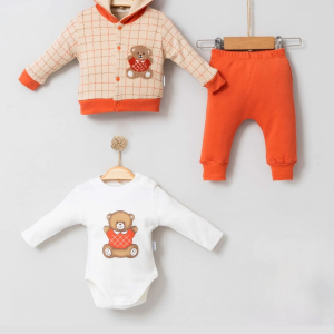 3-9 Ay Bear Çizgili Hırkalı 3'lü Bebek Takımı Kiremit