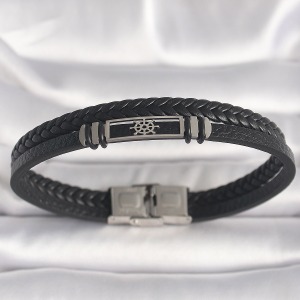316L Çelik Gümüş Renk Gemi Dümeni Figür Siyah Burgu Deri Kordon Model Erkek Bileklik