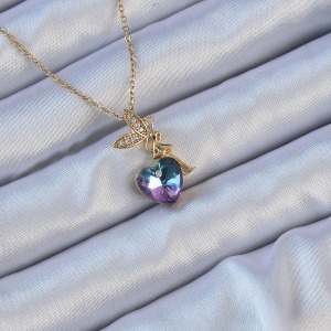 316L Çelik Zincir Altın Renk Mor Mavi Renk Zirkon Taşlı Kalp Detay Peri Kolye