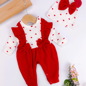 3-9 Ay Kız Bebek Tulumu Kalp Fiyonk Detay Kırmızı