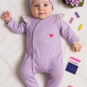 3-6 Ay Kız Bebek Tulumu Kelebek Omuz Detay Şapkalı Lila